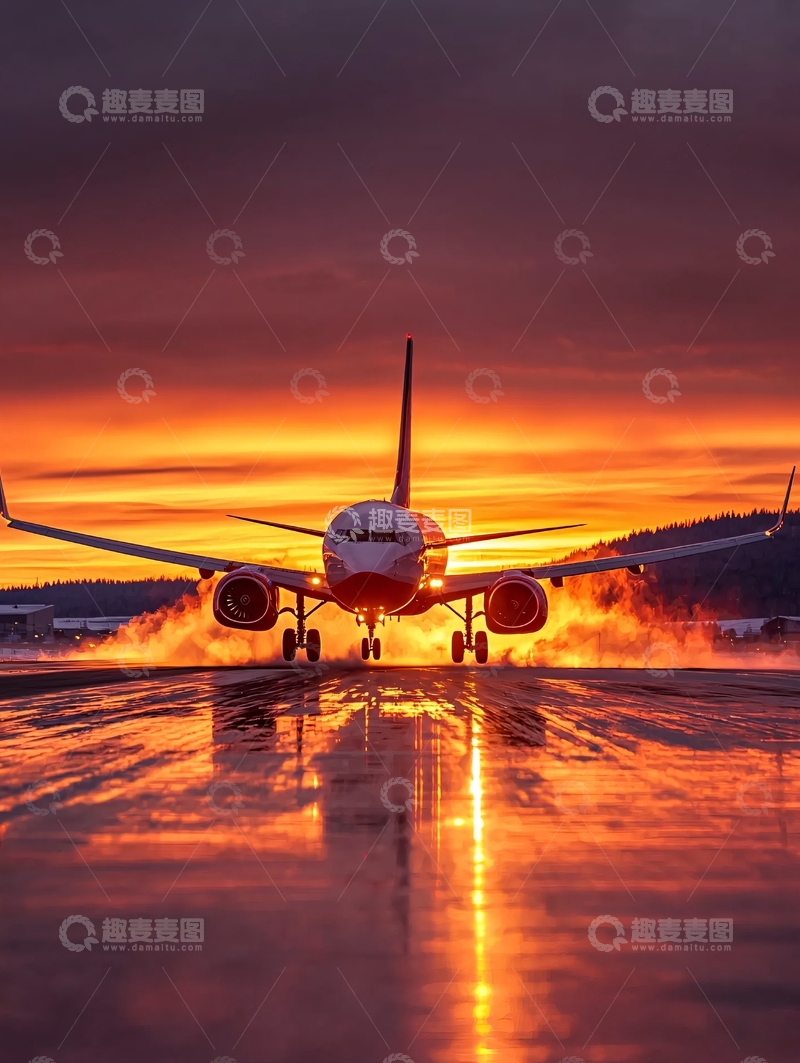 高清大图下载【趣麦麦图】日落时分起飞的飞机