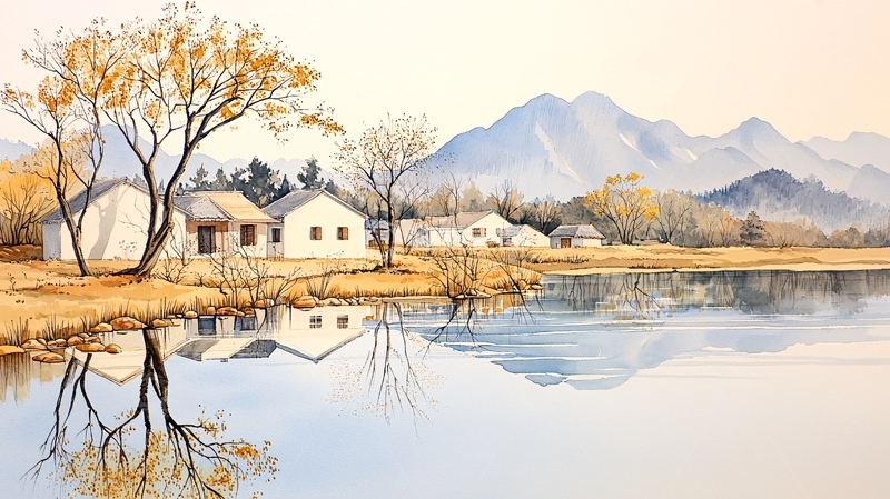 高清大图下载【趣麦麦图】秋日湖畔静谧村庄