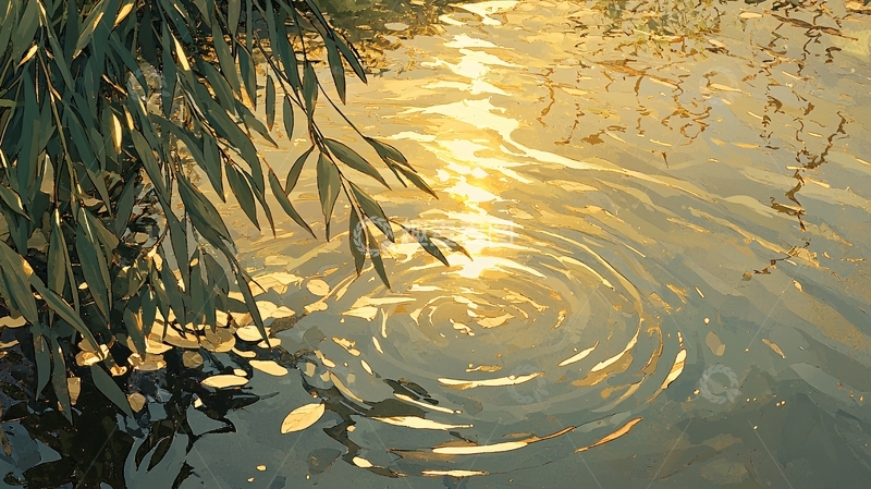 高清大图下载【趣麦麦图】夕阳下的水面涟漪与柳枝