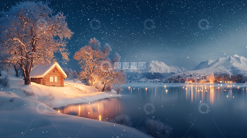 高清大图下载【趣麦麦图】雪夜小屋高清图片