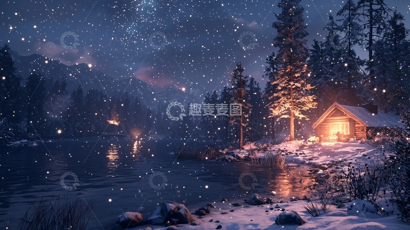 高清大图下载【趣麦麦图】雪夜小屋高清图片