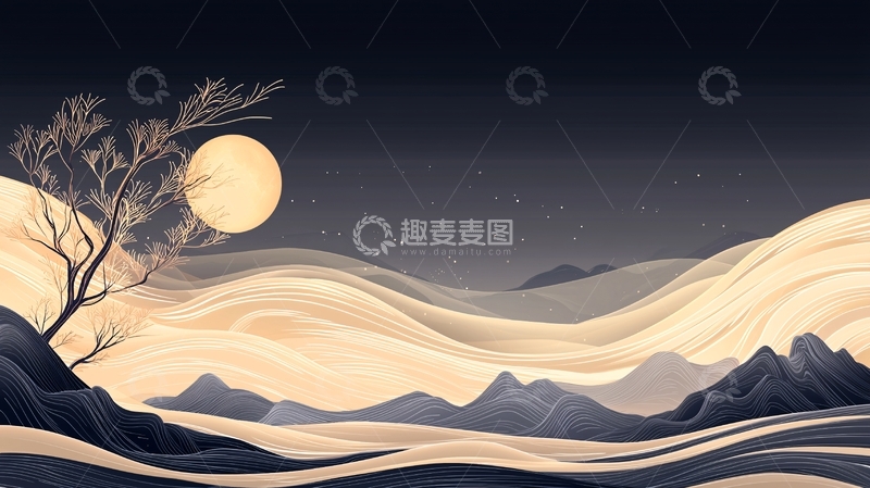 高清大图下载【趣麦麦图】月夜沙漠风景插画