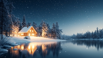 雪夜湖边小屋