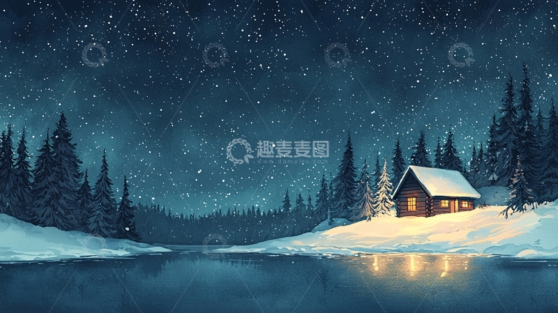 高清大图下载【趣麦麦图】雪夜小屋高清图片