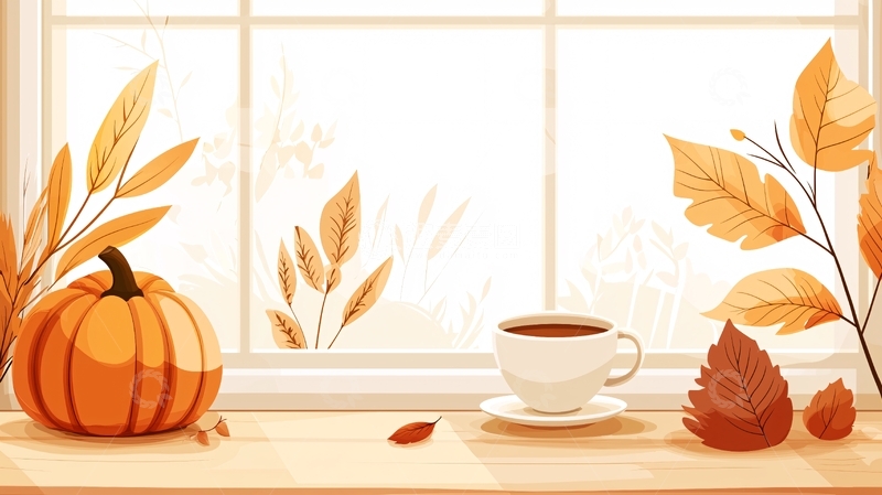 高清大图下载【趣麦麦图】秋日窗边一杯咖啡南瓜落叶