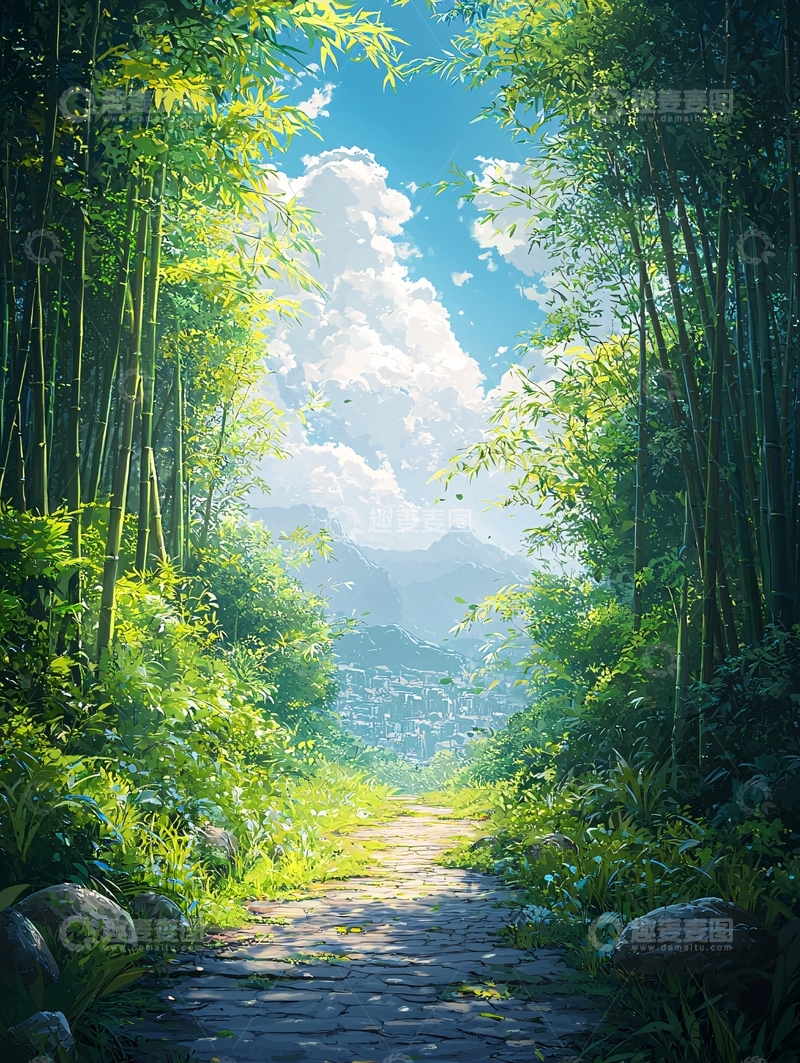 高清大图下载【趣麦麦图】翠绿竹林小路蓝天白云