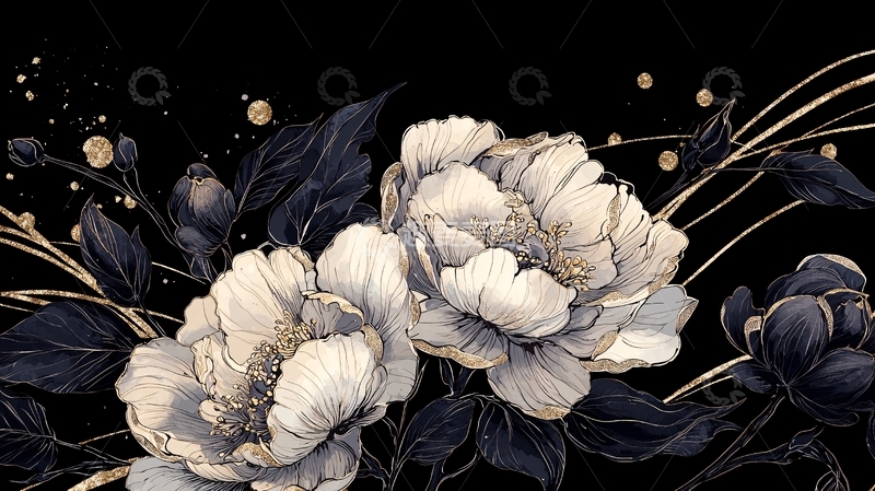 高清大图下载【趣麦麦图】黑色背景下的优雅花卉插画