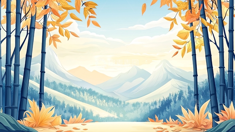 高清大图下载【趣麦麦图】竹林山水秋色风景画
