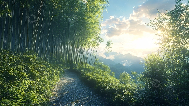 高清大图下载【趣麦麦图】翠绿竹林阳光透过