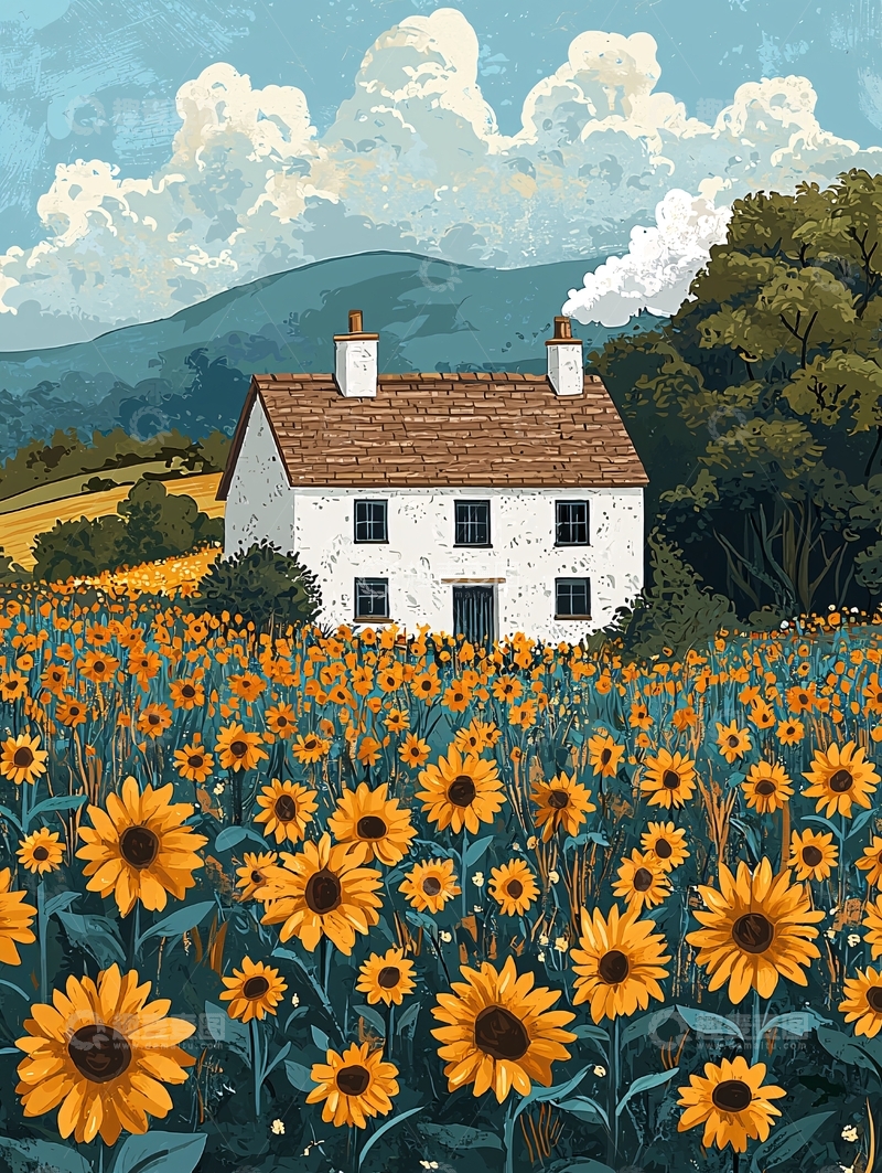 高清大图下载【趣麦麦图】乡村小屋向日葵田