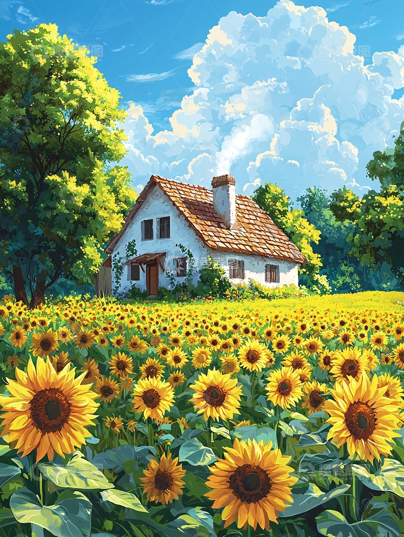 高清大图下载【趣麦麦图】田园小屋向日葵