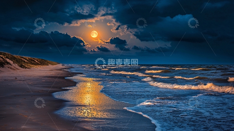 高清大图下载【趣麦麦图】月光沙滩宁静的夜晚