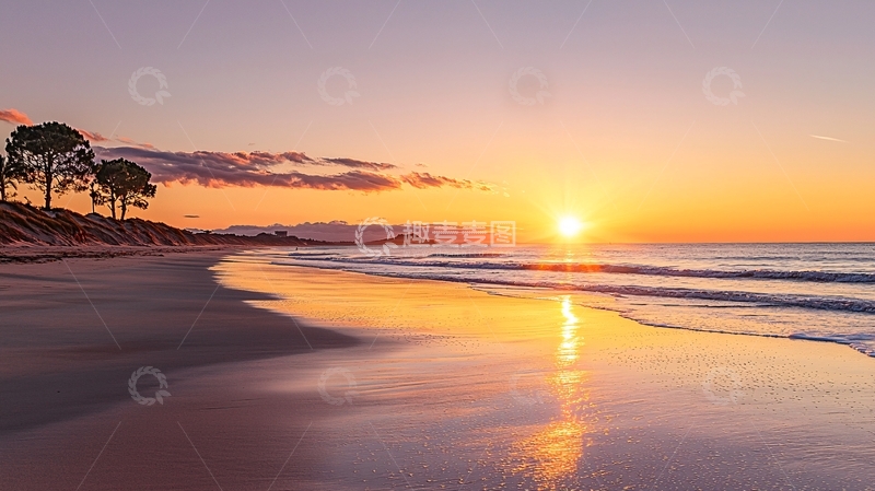 高清大图下载【趣麦麦图】宁静海滩日落美景