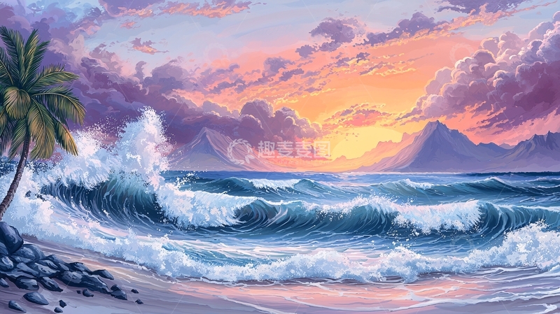 高清大图下载【趣麦麦图】海浪拍打沙滩的日落美景