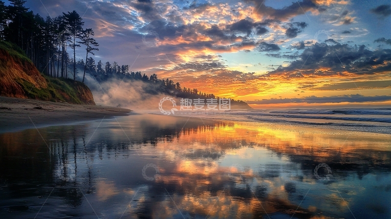 高清大图下载【趣麦麦图】日落时分的海滩倒影