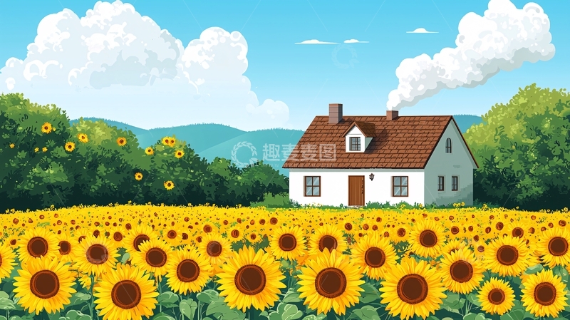 高清大图下载【趣麦麦图】向日葵花田中的房子