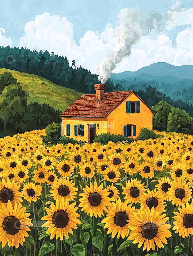 高清大图下载【趣麦麦图】田园风光向日葵小屋