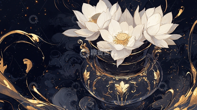高清大图下载【趣麦麦图】金色莲花与古雅花瓶