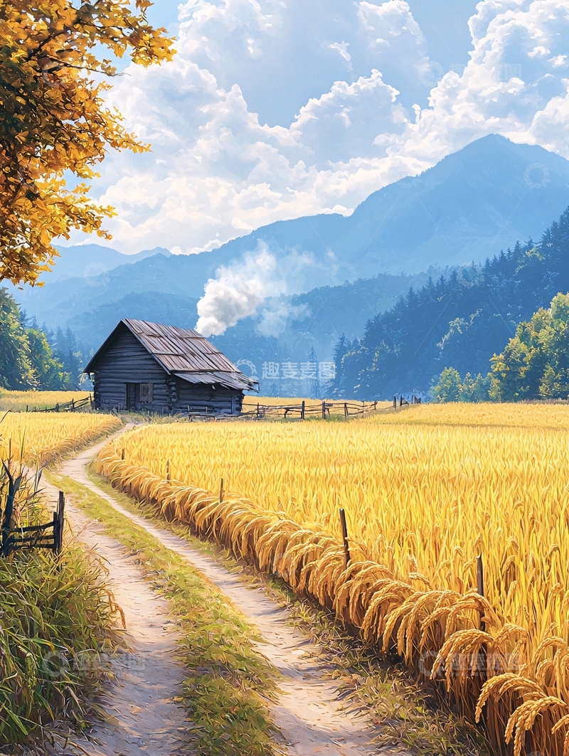 高清大图下载【趣麦麦图】金色的麦田中的小屋