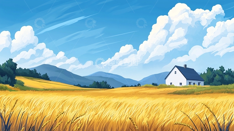 高清大图下载【趣麦麦图】金色麦田中的白色农舍