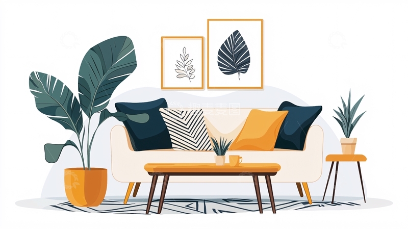 高清大图下载【趣麦麦图】客厅沙发与绿植艺术画