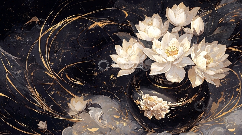 高清大图下载【趣麦麦图】金色莲花与黑色花瓶的艺术插画