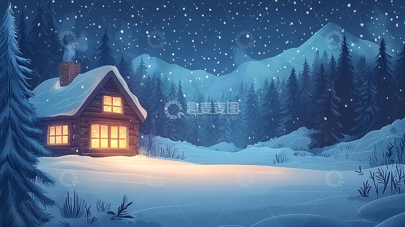 高清大图下载【趣麦麦图】冬夜雪景小屋