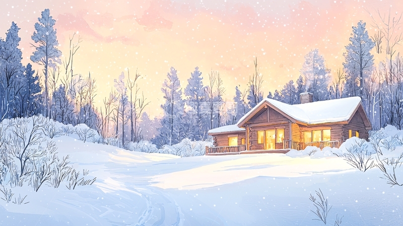 高清大图下载【趣麦麦图】雪地小屋日落美景