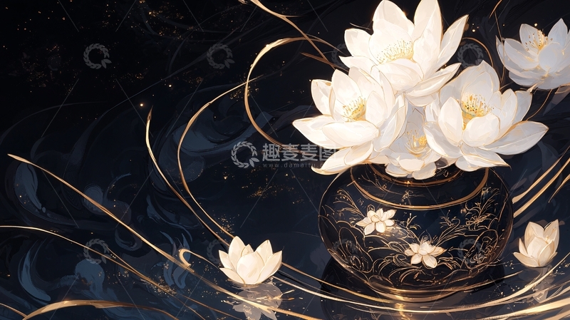 高清大图下载【趣麦麦图】金色莲花与黑金花瓶