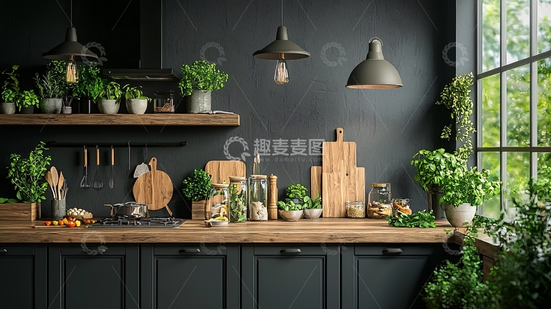 高清大图下载【趣麦麦图】厨房绿植台面