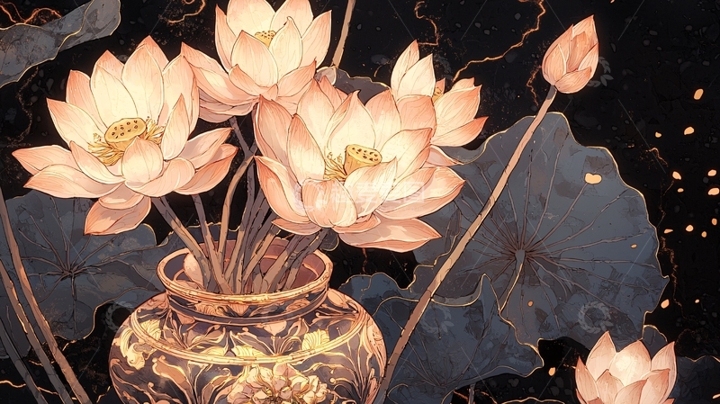 高清大图下载【趣麦麦图】莲花盛开的古风花瓶插画