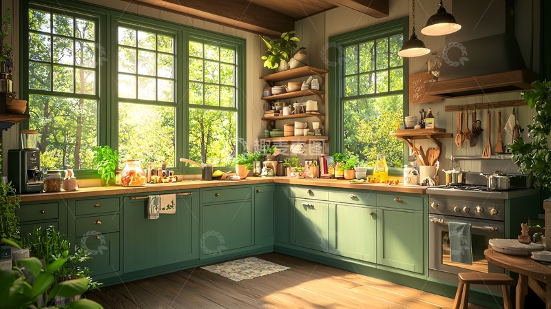 高清大图下载【趣麦麦图】清新绿色厨房采光好