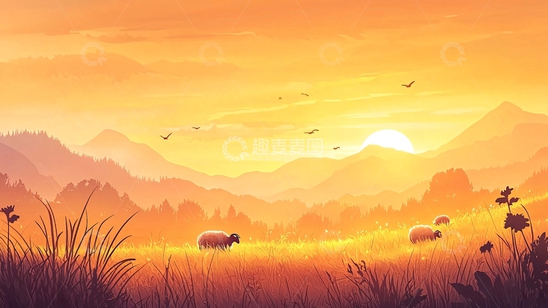 高清大图下载【趣麦麦图】金色夕阳下的田园风光