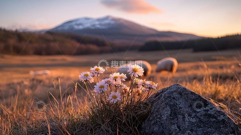 高清大图下载【趣麦麦图】高山草甸上的羊群与日落