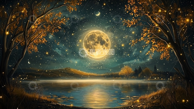高清大图下载【趣麦麦图】宁静湖面倒映着月亮