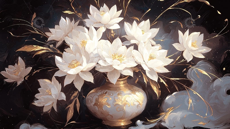 高清大图下载【趣麦麦图】金色花瓶中的白色莲花