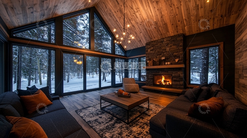 高清大图下载【趣麦麦图】雪景木屋客厅