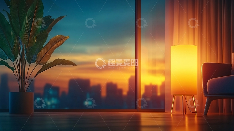 高清大图下载【趣麦麦图】客厅窗边日落城市夜景