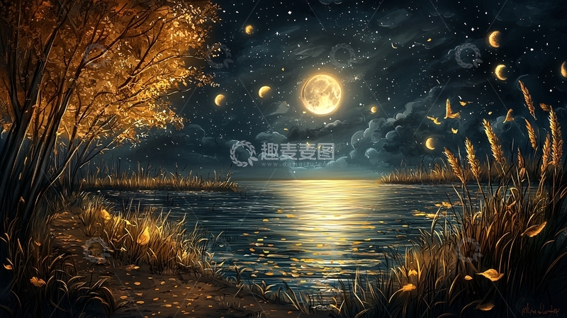 高清大图下载【趣麦麦图】月夜湖畔的宁静景色
