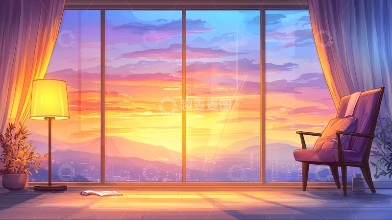 高清大图下载【趣麦麦图】窗外日落美景