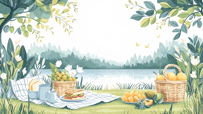 高清大图下载【趣麦麦图】湖边野餐的插画场景