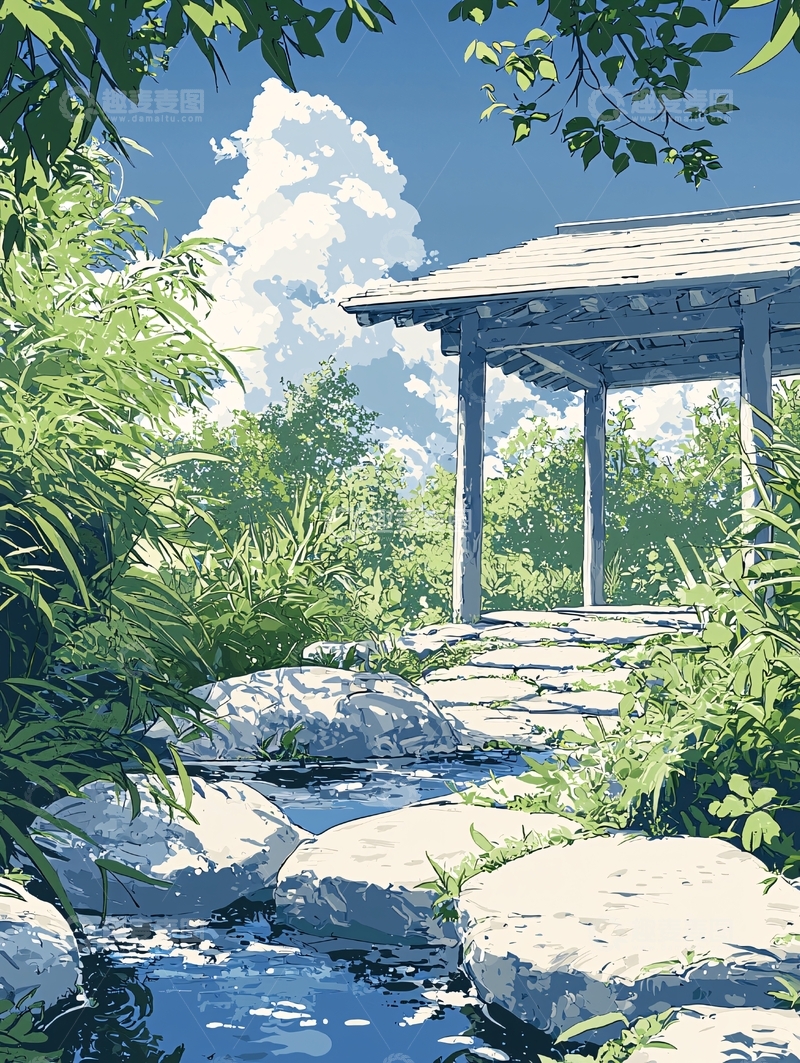 高清大图下载【趣麦麦图】日式庭院流水小亭