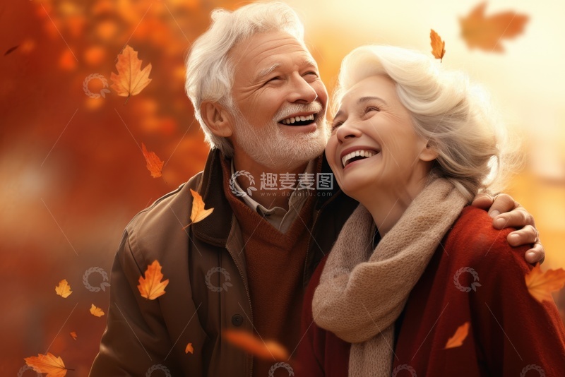 枫叶中拍照的老年夫妻