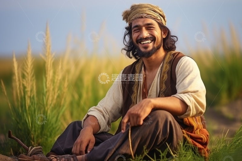 高清大图下载【趣麦麦图】坐在草丛里的男人