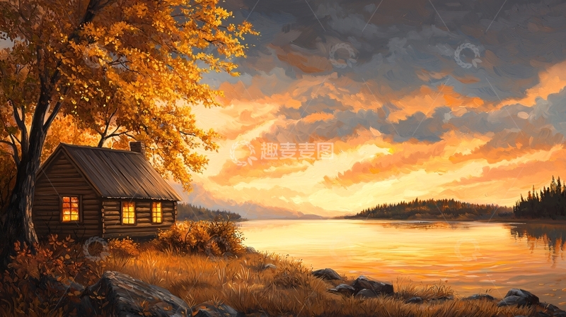 高清大图下载【趣麦麦图】湖边小屋的秋日夕阳