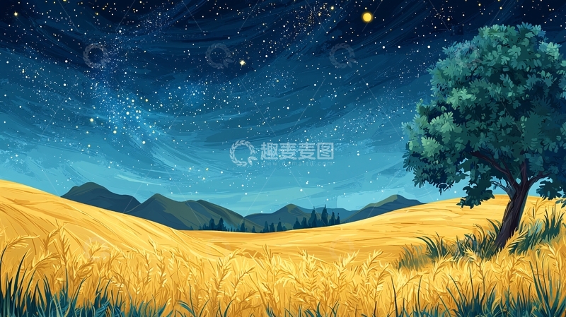 高清大图下载【趣麦麦图】星空下金色的麦田