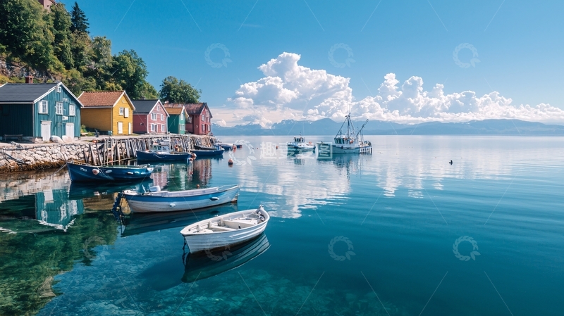 高清大图下载【趣麦麦图】海边彩色小屋与平静海面