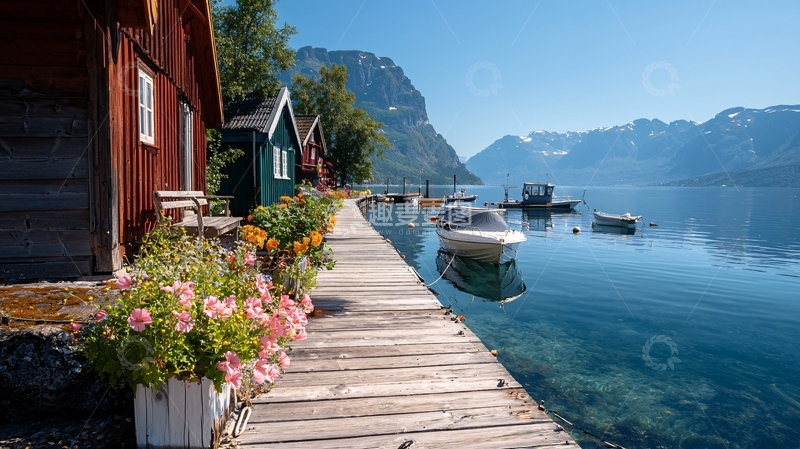 高清大图下载【趣麦麦图】挪威峡湾湖畔木屋