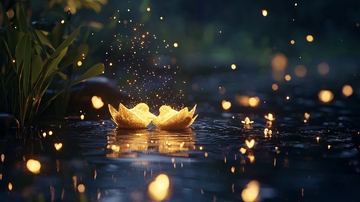 夜晚水面上的发光纸船