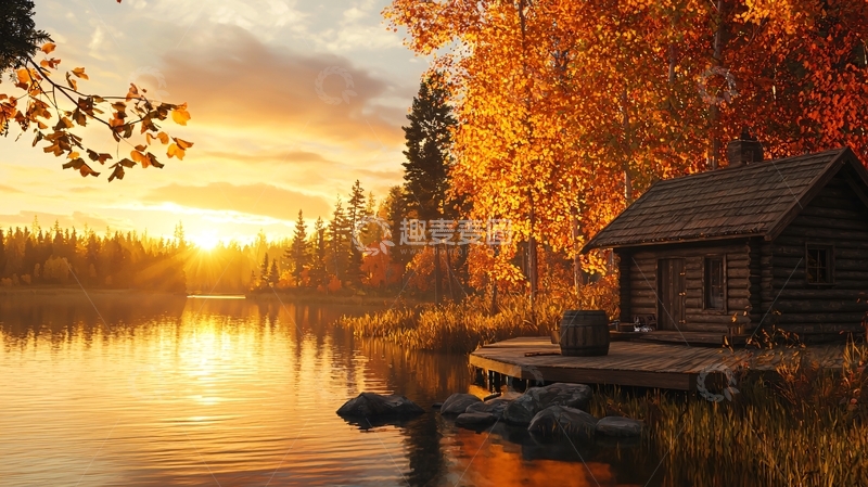 高清大图下载【趣麦麦图】秋日湖畔的小屋